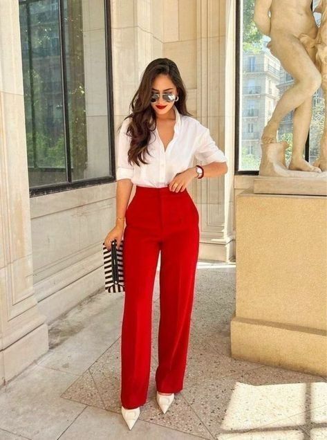 White Button-Down with Red High-Waisted Pants